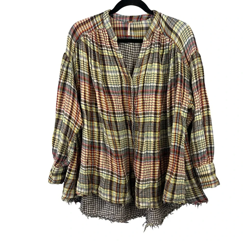 Free People Come On Over Plaid Button-down Swing Top Size XS‎ Oversized Raw Hem